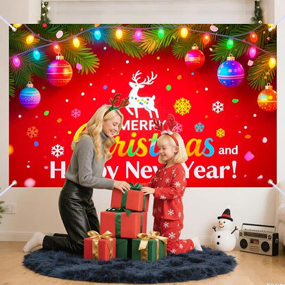 Nuxovilar Happy New Year & Christmas Banner, Twinkling Lights Fusion Backdrop for Holiday Party Decorations, 71x43 Inch