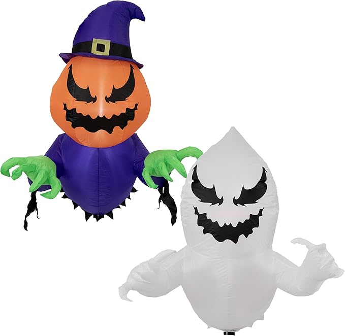 Sunnydaze Pumpkin Jack and Haunted Harold Inflatable Halloween Decoration for Window with Lights - Indoor or Outdoor Use