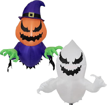 Sunnydaze Pumpkin Jack and Haunted Harold Inflatable Halloween Decoration for Window with Lights - Indoor or Outdoor Use