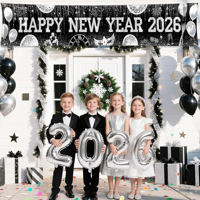 New Years Eve Banner for 2026, Silver and Black Happy New Year 2026 Backdrop Great New Year Decorations for Outdoor Indoor Home Wall 118x19.69inch