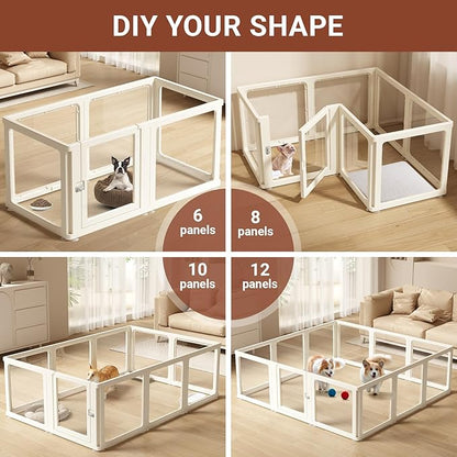 Transparent 6-Panel Dog Playpen, Acrylic Indoor/Outdoor Puppy Pen for Small & Medium Dogs, 24 Inch with Door, White(Fully Transparent 50 * 26 Single Room,24 inch)