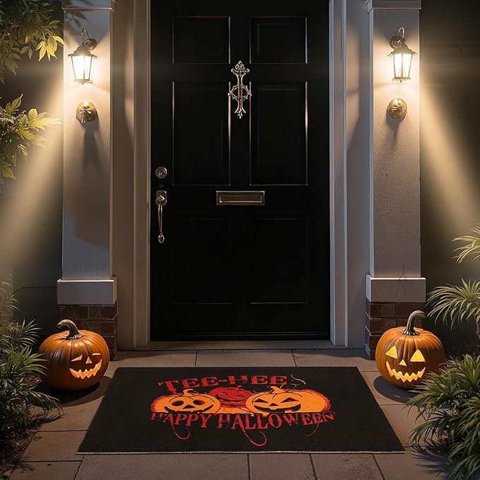 Halloween Door Mat, Halloween Pumpkin Doormat Outdoor Front Door Entrance Absorbent Entry Mat with Non Slip Backing, 17''x30'', Pumpkins Black