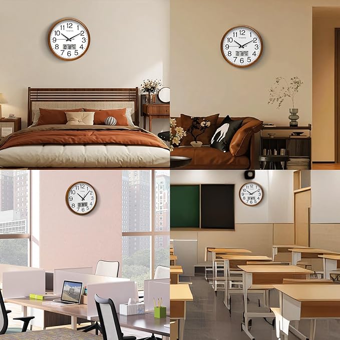 Wall Clock, Classic Wood Style Finish, 16 Inch Non-Ticking Silent Battery Operated Quartz Analog with Perpetual Calendar and F° Temperature Display, Home, Office Décor (Wood Yellow)
