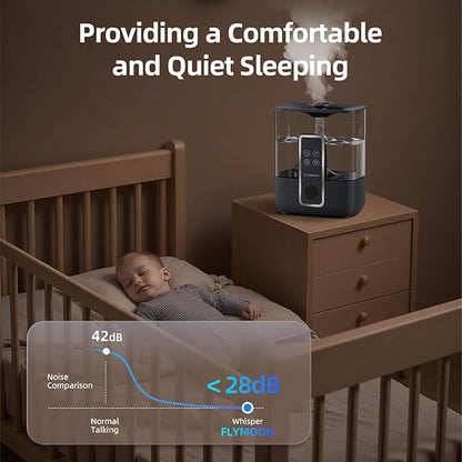 Flymoon 5L Mist Humidifier for Bedroom Large Room, Humidifier for Baby & Plants, Top Fill, 28dB, 3 Mist Levels, 12H Timer, App Control, Black