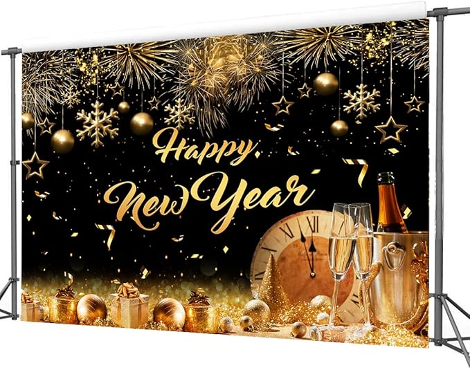 CYLYH 10X8FT 2026 Happy New Year Backdrop Black and Gold Photography Background Holiday Party Banner New Year Eve Party Decoration Banner