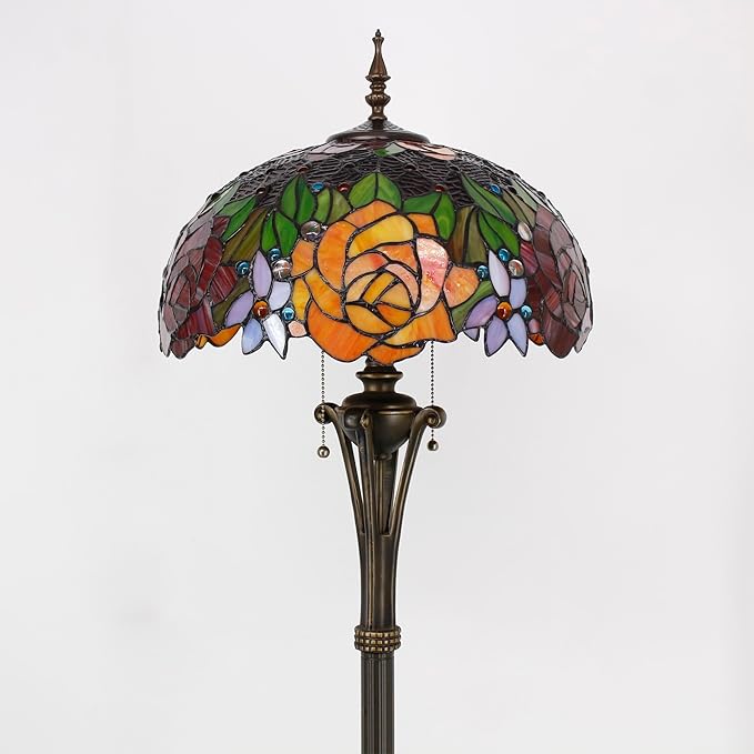 Tiffany Floor Lamp Red Yellow Rose Stained Glass Standing Reading Light 16X16X70 Inches Antique Pole Corner Lamp Decor Bedroom Office Living Room