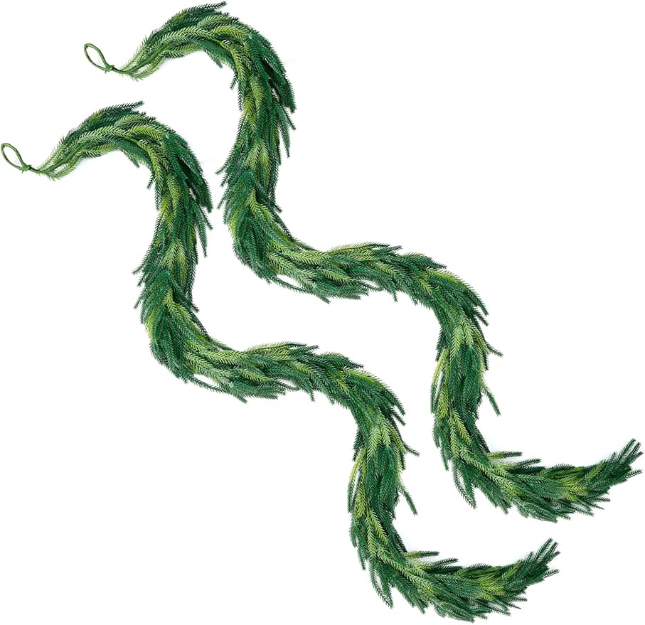 2Pcs 6ft Real Touch Christmas Garland Norfolk Pine, Realistic Artificial Christmas Garland, Faux Natural Greenery Garland for Table, Mantle, Stair Railings, Wall, Outdoor Christmas Decoration