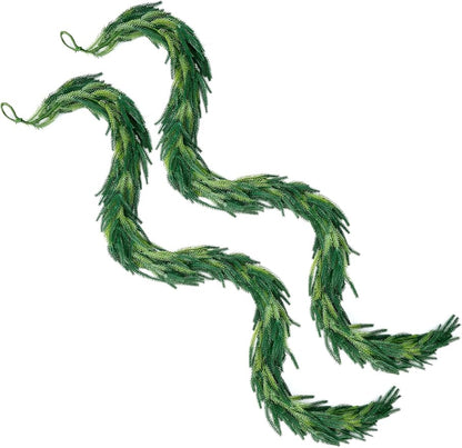 2Pcs 6ft Real Touch Christmas Garland Norfolk Pine, Realistic Artificial Christmas Garland, Faux Natural Greenery Garland for Table, Mantle, Stair Railings, Wall, Outdoor Christmas Decoration