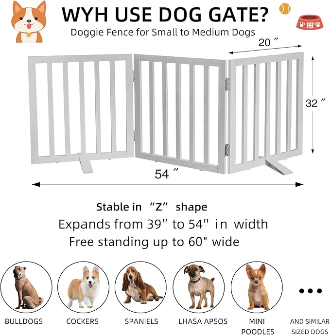 Dog Gate Indoor, Freestanding Dog Fence for The House, Doorways, Hallways,or Stairs,Pet Gate Foldable Wooden,Expandable 32" Height 3 Panels,White