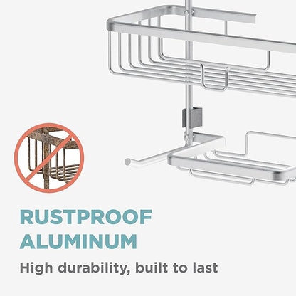 Zenna Home Rustproof Hanging Shower Caddy, Over the Shower Head Caddy with 2 Shelves and Built In Hooks, Aluminum Bathroom Hanging Organizer, Satin Chrome