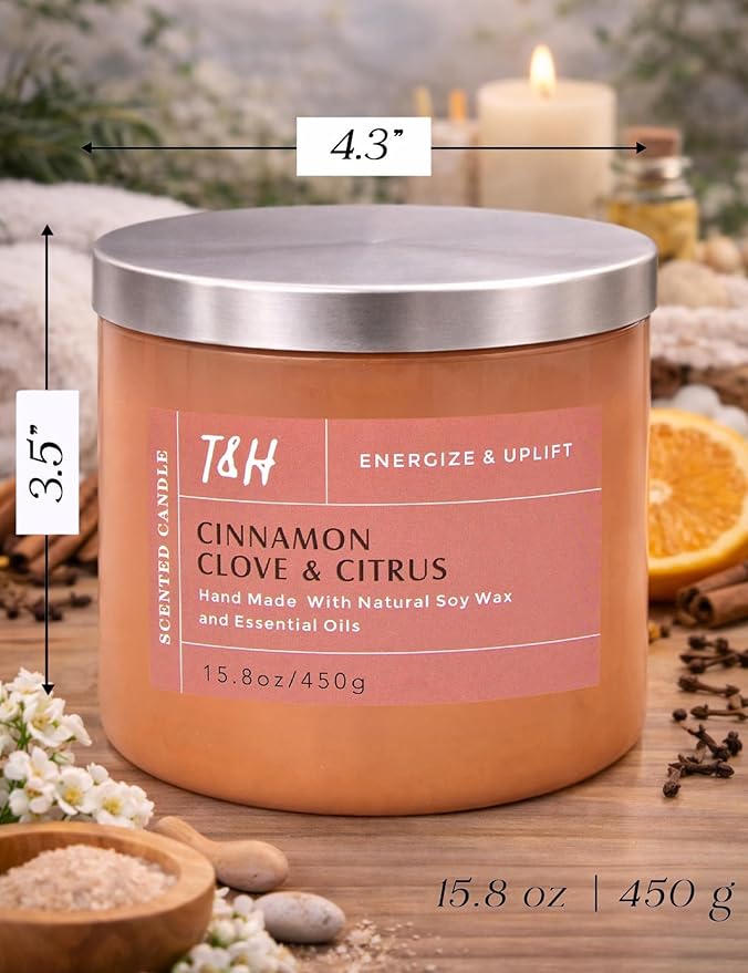 Cinnamon Clove Citrus 3 Wick Soy Candle Large 15.8oz | Spiced Orange Scented Candles for Home | Clean Burn Long Lasting Candle | Warm Cozy Aromatherapy Candle | Housewarming Birthday Gift