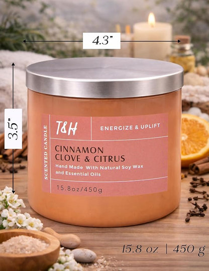 Cinnamon Clove Citrus 3 Wick Soy Candle Large 15.8oz | Spiced Orange Scented Candles for Home | Clean Burn Long Lasting Candle | Warm Cozy Aromatherapy Candle | Housewarming Birthday Gift