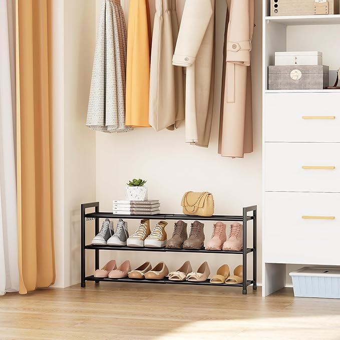 Adjustable 18"-33" Expandable Shoe Rack for Closet 12 Pairs Small Spaces 3 Tier Shoe Organizer with 5 Hooks Metal Shoe Shelf for Entryway, Bedroom