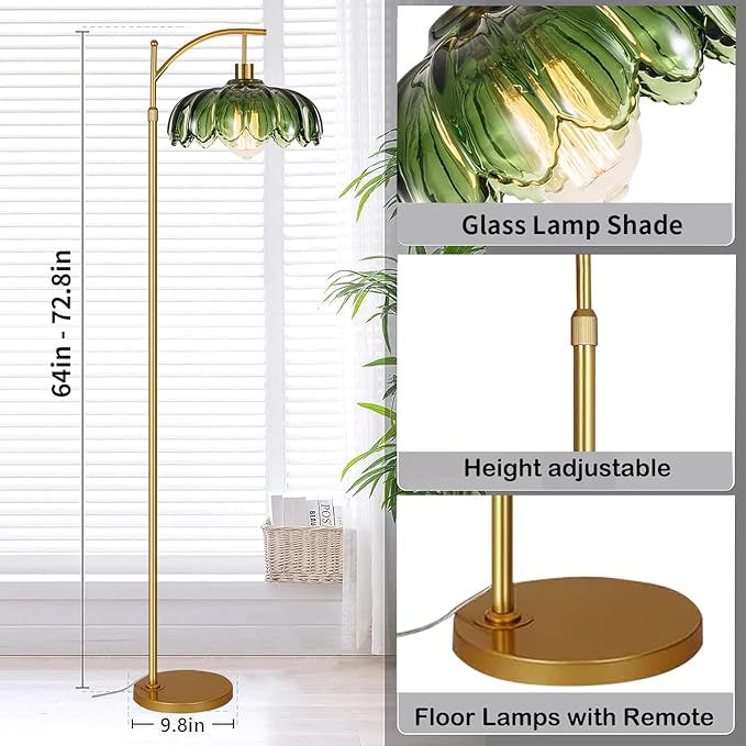 Arc Floor Lamp for Living Room Gold Floor Lamp with Remote Control,Dimmable LED Floor Lamps Glass Lamp Shades Vintage Standing Lamp with 3 Color Temperature Tall Flower Lamps for Bedroom Corner