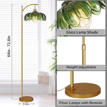 Arc Floor Lamp for Living Room Gold Floor Lamp with Remote Control,Dimmable LED Floor Lamps Glass Lamp Shades Vintage Standing Lamp with 3 Color Temperature Tall Flower Lamps for Bedroom Corner