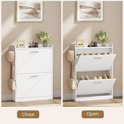 Shoe Cabinet Organizer with 2 Flip Drawers，Freestanding Shoe Rack Cabinet，Narrow Shoe Cabinet Storage for entryway，Foyer, Hallway, White, 23.6" W × 6.3" D × 33.1" H