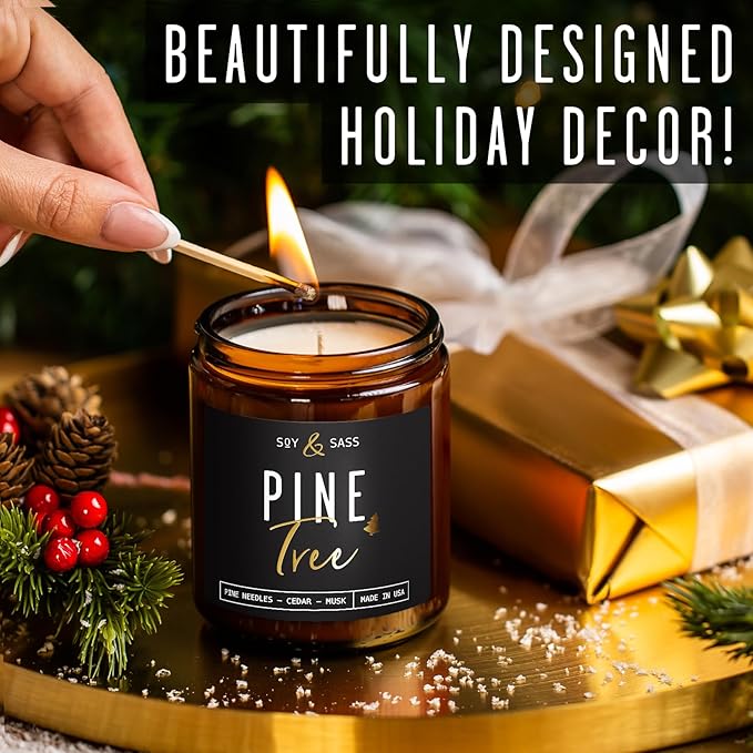 Pine Candle, Pine Scented Candles, Christmas Candles Scented - 'Pine Tree' Soy Candle, w/Fir Needles, Warm Cedar & Sandalwood - Infused with Essential Oils I Christmas Candles I 9oz, 50Hr, USA Made