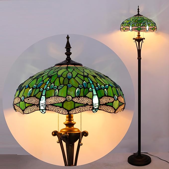 Tiffany Floor Lamp Green Stained Glass Dragonfly Standing Reading Light 16X16X70 Inches Antique Pole Corner Lamp Decor Bedroom Office Living Room