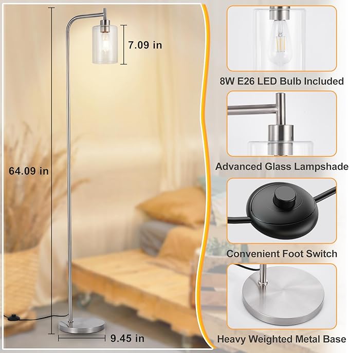 DLLT Floor Lamp Tall for Room: Nickel Standing Lamp with Clear Glass Lampshade for Living Room - Modern Bright Lamp for Bedroom - Industrial Corner Floor Lamps for Office 8W Led Bulb Included