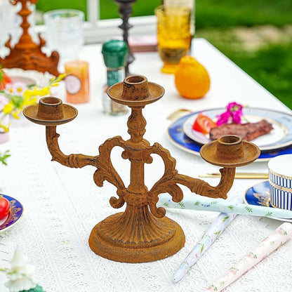 Sungmor Vintage 3-Arm Cast Iron Candelabra, 9.2" Tall Heavy-Duty Rustic Candle Holder for Home Decor, Decorative Candle Stand Centerpiece for Dinners/Weddings/Halloween/Christmas etc Festivals