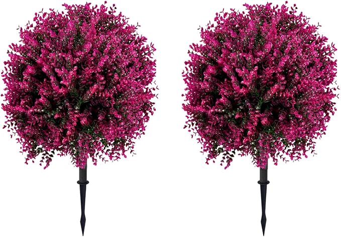 Artificial Boxwood Topiary Ball Tree with Ground Spike 27.5", Set of 2 Outdoor Faux Plants UV Resistant Fake Bushes Shrubs for Garden, Yard, Porch, Patio Decor (Hot Pink)