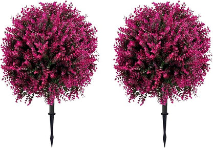 Artificial Boxwood Topiary Ball Tree with Ground Spike 27.5", Set of 2 Outdoor Faux Plants UV Resistant Fake Bushes Shrubs for Garden, Yard, Porch, Patio Decor (Hot Pink)