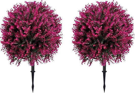 Artificial Boxwood Topiary Ball Tree with Ground Spike 27.5", Set of 2 Outdoor Faux Plants UV Resistant Fake Bushes Shrubs for Garden, Yard, Porch, Patio Decor (Hot Pink)