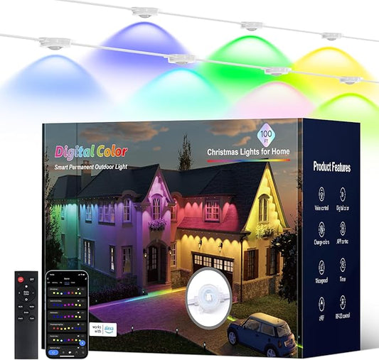 Permanent Outdoor Lights, 100ft with 60 RGB LED Lights for Daily and Christmas, Halloween, 49 Scene Modes+DIY for Outdoor Decor, IP66 Waterproof, Compatible with Alexa, Google Assistant