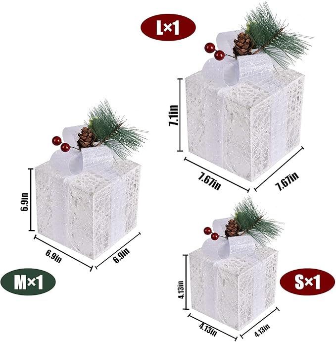 Christmas Light up Gift Boxes, Light up Xmas Boxes with Battery Operated for Christmas Decorations Indoor and Outdoor (3 Pack)