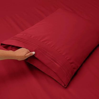 Nestl Short Queen Sheet Set - 1800 Ultra-Soft Microfiber - Double Brushed - Deep Pockets - Easy Fit - 4 Piece Set - Bed Sheets (Short Queen, Burgundy Red)