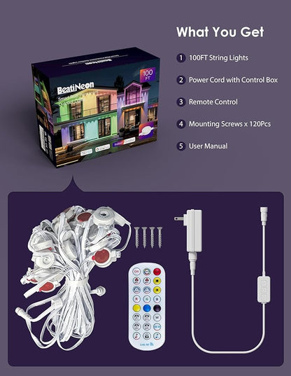100ft Permanent Outdoor Lights, Smart RGB+IC Eave Lights, 60 Bright LEDs with 75 DIY Scene Modes & 16 Million Colors, Work with Alexa/App, IP68 Waterproof Light for House Holiday Christmas