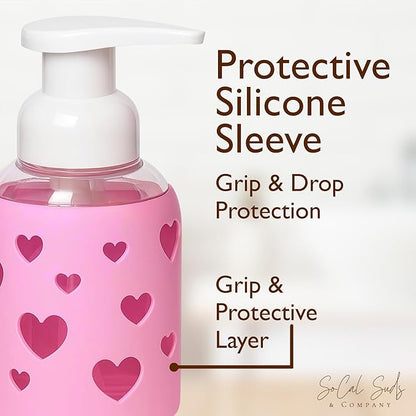 SoCal Suds & Company Glass Foaming Hand Soap Dispenser, Heart Silicone Sleeve, Refillable Pump Bottle for Kids, Baby Wash & Shampoo, Ideal for Home Use, Bright Pink 8oz