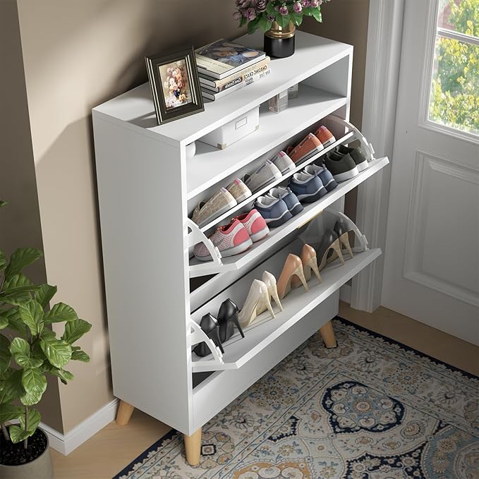 Shoe Storage Cabinets, Free Standing Shoe Organizer with 2 Flip Drawers for Entryway, Narrow 3 Tier Entryway Hidden Shoe Rack with Doors (Off White)