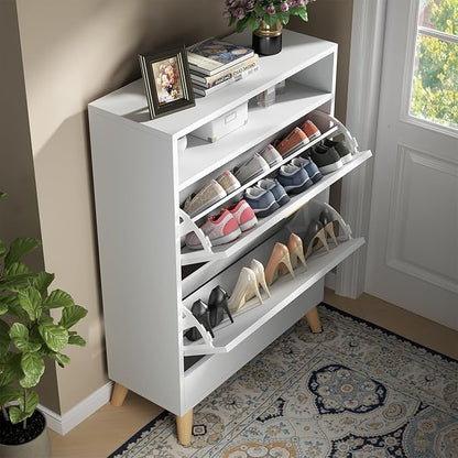 Shoe Storage Cabinets, Free Standing Shoe Organizer with 2 Flip Drawers for Entryway, Narrow 3 Tier Entryway Hidden Shoe Rack with Doors (Off White)