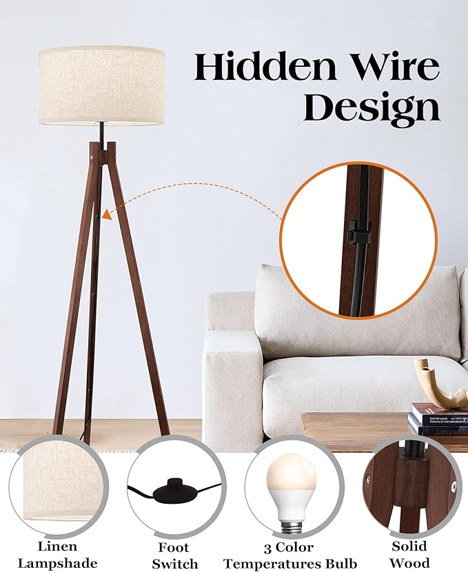 ELYONA Wood Tripod Floor Lamp, Mid Century Reading Standing Lamp with 3 Color Temperatures & Linen Shade, Modern Night Light for Bedroom, Farmhouse, Living Room, Office, 9W LED Bulb Included, Brown