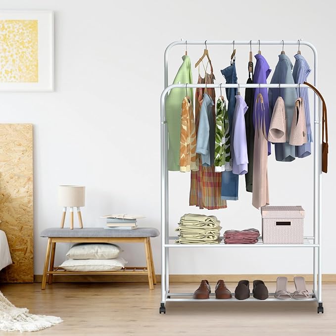 Double Rods Clothes Rack, Rolling Clothing Rack for Hanging Clothes, Sturdy Metal Wardrobe Rack Garment Rack, Closet Organizer with Storage Shelf for Clothes Shoes Organization (White)