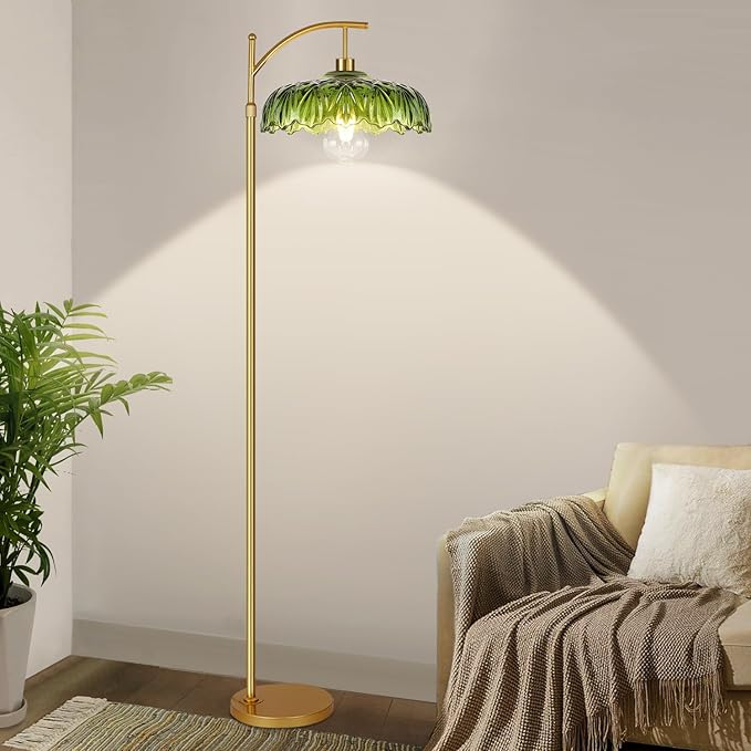Gold Floor Lamp for Living Room,Bedroom,Mid Century Modern Standing Lamp with Remote,Dimmable Brass Tall Lamp Green Glass Lamp Shade Vintage Retro Arc Floor Lamps Floor Light Boho Bohemian