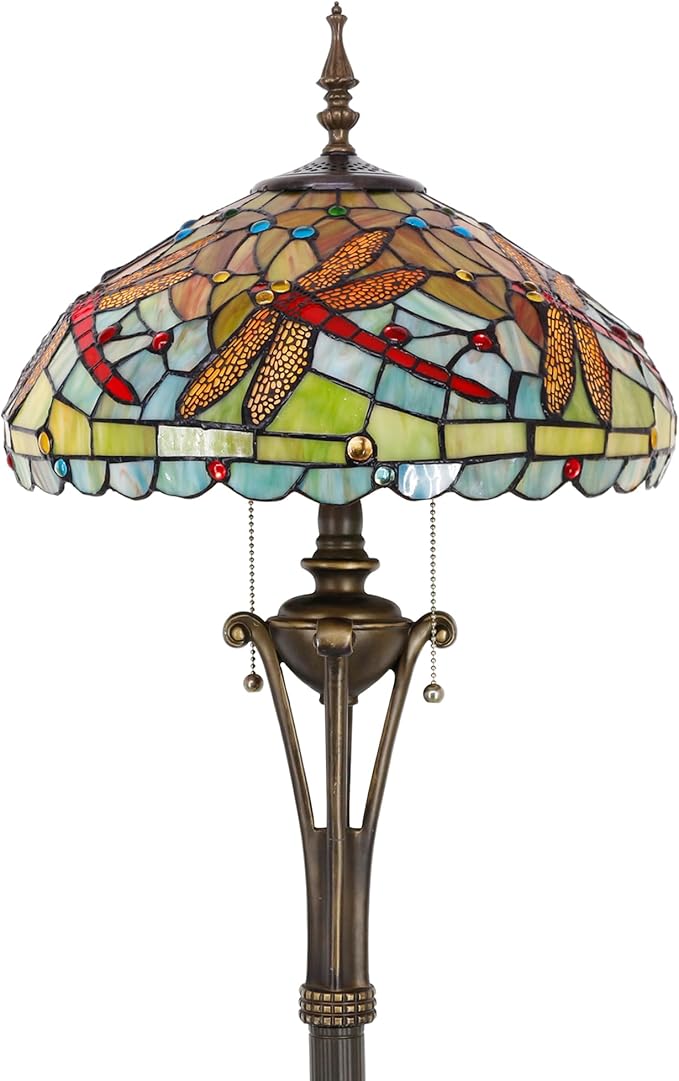 Tiffany Floor Lamp Green Red Stained Glass Dragonfly Standing Reading Light 16X16X70 Inches Antique Pole Corner Lamp Decor Bedroom Office Living Room