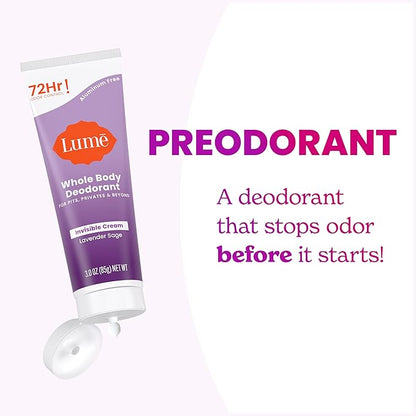 Lume Whole Body Deodorant - Invisible Cream Tube - 72 Hour Odor Control - Aluminum Free, Baking Soda Free, Skin Safe - 3.0 ounce (Pack of 2) (Lavender Sage)