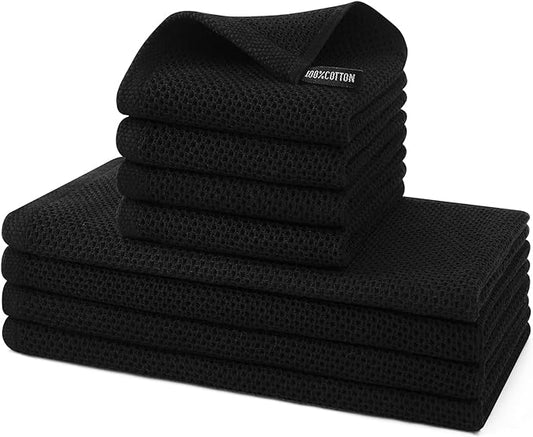 Kitinjoy 100% Cotton Kitchen Towels and Dishcloths Set, 8 Pack Waffle Weave Dish Towels Ultra Soft Absorbent Quick Drying Dish Rags, 13 x 28 Inch and 12 X 12 Inch, Black