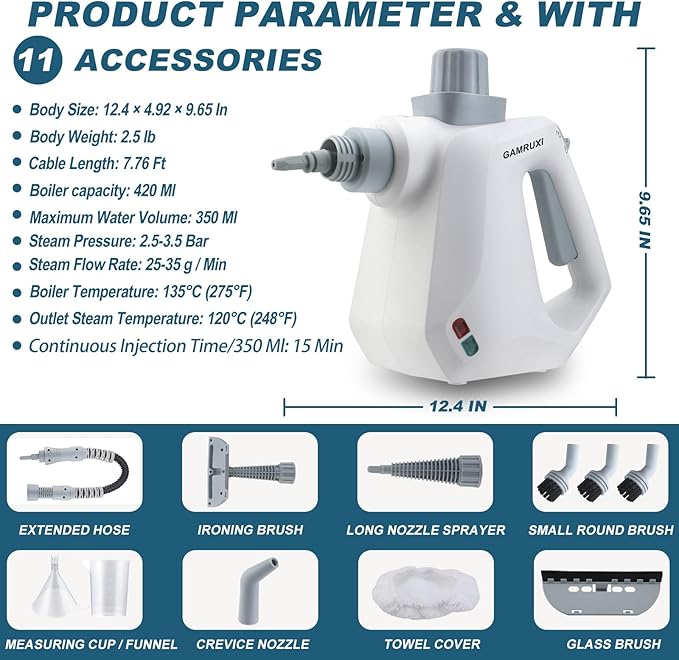 Handheld Pressurized Steam Cleaner with 11 Attachments – Portable Multi-Surface Steamer for Home, Mattress, Floors, Couch, Windows, Upholstery, Car, and Grout – Deep Cleaning & Stain Removal(White)