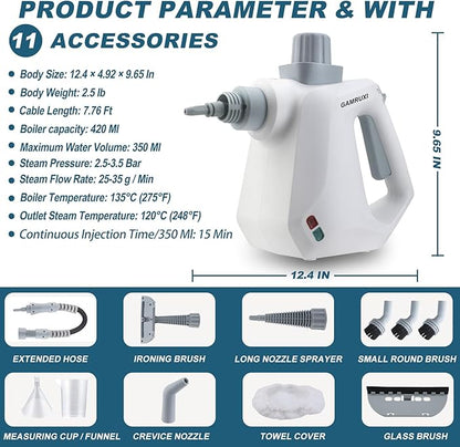Handheld Pressurized Steam Cleaner with 11 Attachments – Portable Multi-Surface Steamer for Home, Mattress, Floors, Couch, Windows, Upholstery, Car, and Grout – Deep Cleaning & Stain Removal(White)