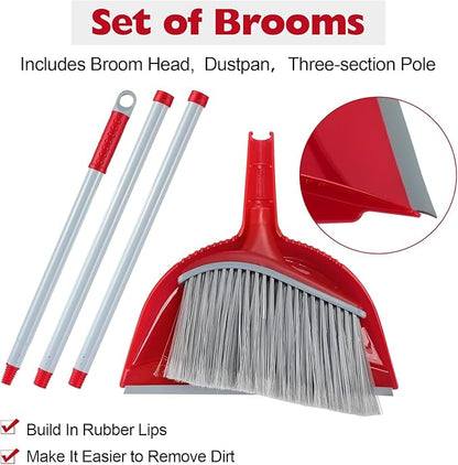 Meanplan 6 Pcs Angle Broom and Dustpan Combo Set for School Classroom 54 Inch Outdoor Indoor Cleaning Broom Commercial Broom with Step-on Dustpan for Home Kitchen Office Floor Dirt Dust Hair Cleaning