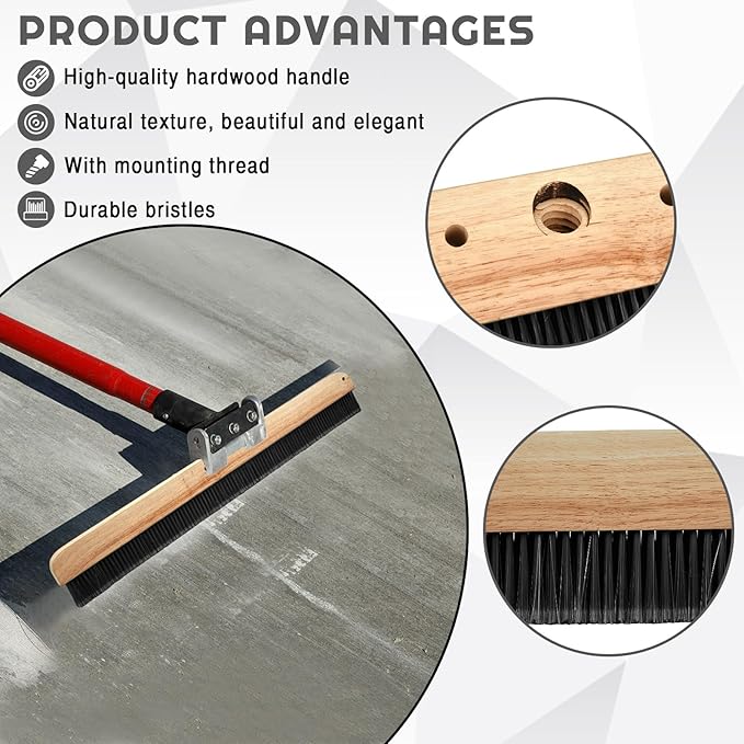 1 Pack 24 Inches Black Concrete Broom Finishing Without Handle Wood Backed Brush with Mounting Threads for Concrete Finishes Hard Floors Yards