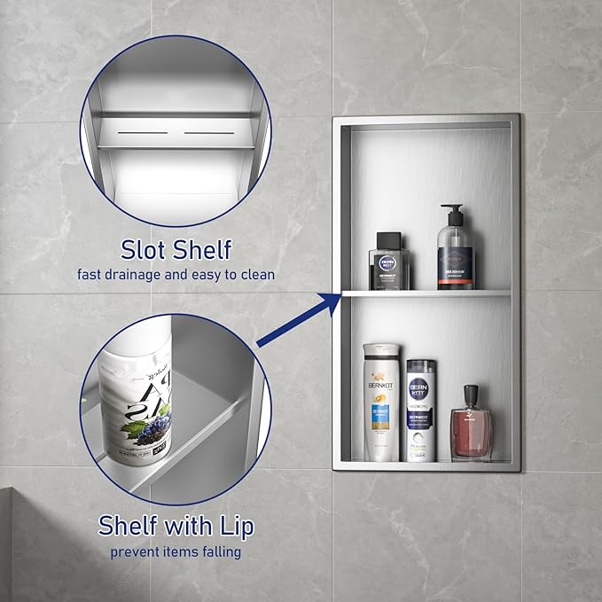 Stainless Steel Shower Niche 24" X 12" Brushed No Tile Needed Wall Niche Double Shelves Recessed Shower Shelf for Bathroom Storage Over Mount Installation