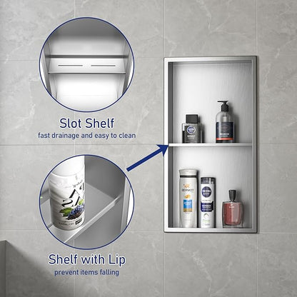 Stainless Steel Shower Niche 24" X 12" Brushed No Tile Needed Wall Niche Double Shelves Recessed Shower Shelf for Bathroom Storage Over Mount Installation