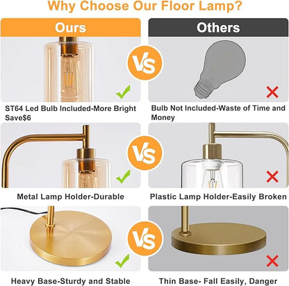 DLLT Floor Lamp Tall for Room: Gold Standing Lamp with Amber Glass Lampshade for Living Room - Modern Bright Lamp for Bedroom - Industrial Corner Floor Lamps for Office 8W Led Bulb Included