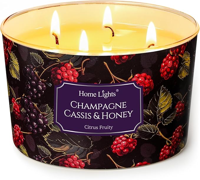 HomeLights Scented Candles for Women & Men, 18oz Candle Jars Aromatherapy 4-Wick Candle, Ideal for Eclectic Mixed Styles Home Decor and Gifts, Champagne Cassis & Honey