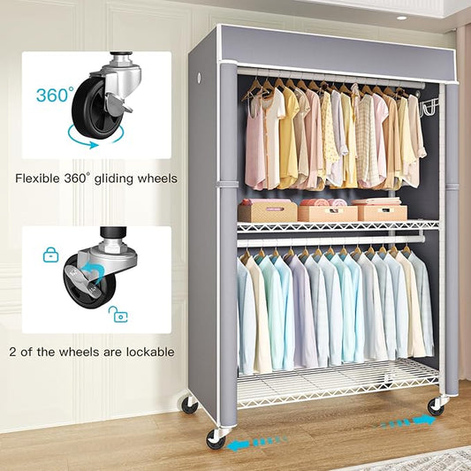 White Clothing Rack with Grey Cover, P1C Plus Rolling Closets with Wheels, Metal Garment Rack for Hanging Clothes, Clothing Storage Wardrobe, 46" W x 18.5" D x 80.7" H, Load 524 Pounds