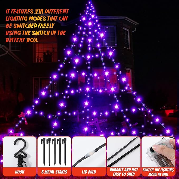 Halloween Decorations Outdoor Giant Spider Web Lights,23ft x 18ft Black Spider Web with 500 LEDs Purple,Waterproof for Halloween Yard Decorations and 8 Modes. (Black Nylon Rope and Purple LED Lights)